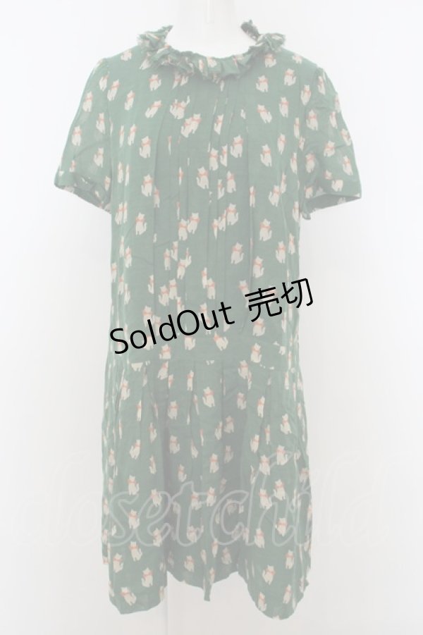 画像1: 【SALE】Jane Marple Dans Le Saｌon /モノクロームキャットのネックレス付ワンピース M グリーン O-23-12-29-007-JM-OP-IG-ZT377 (1)