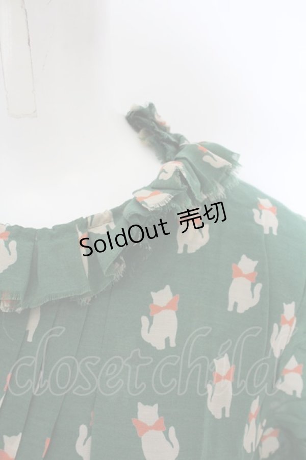 画像2: 【SALE】Jane Marple Dans Le Saｌon /モノクロームキャットのネックレス付ワンピース M グリーン O-23-12-29-007-JM-OP-IG-ZT377 (2)