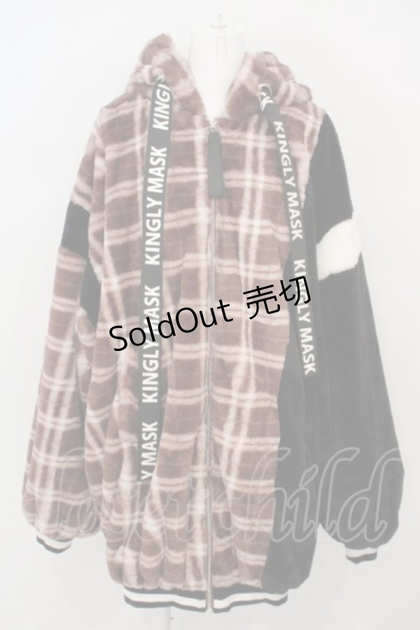 画像1: 【SALE】KMK / ロゴリボンチェックBIGボアアウター  ブラック×ブラウン×ホワイト O-24-03-19-008-PU-CO-OW-ZT-C043 (1)