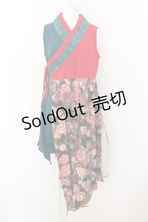 画像: Qutie Frash / 着物プリーツチュニック  レッド×グリーン O-24-06-10-003-QU-TO-OW-ZI