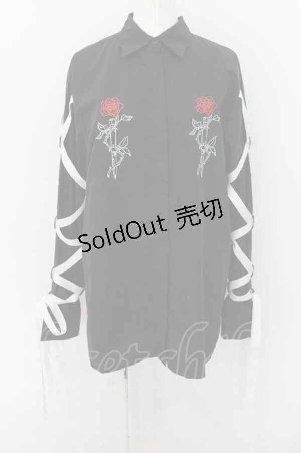 画像1: LISTEN FLAVOR / 薔薇とナイフ袖リボンシャツ  ブラック O-24-07-29-1074-PU-BL-IG-ZS (1)