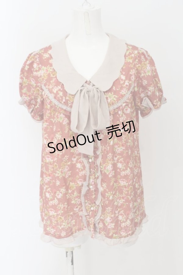 画像1: axes femme / スカラップカラー薔薇柄半袖ブラウス M ピンク系×ベージュ O-24-08-30-053-AX-BL-IG-ZT079 (1)
