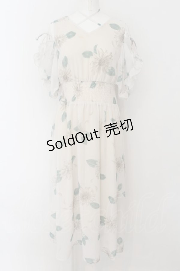 画像1: axes femme / フリル袖シャーリングワンピース M オフシロ O-24-09-02-032-AX-OP-IG-ZT093 (1)