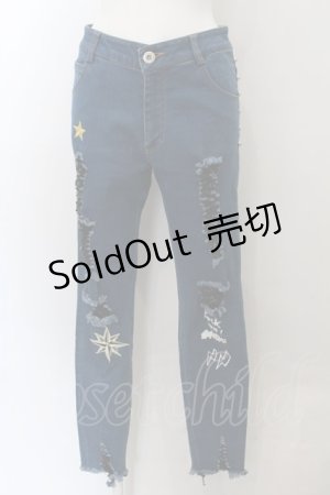 画像: GLAD NEWS SMART / ダメージ風ストレッチパンツ  ブルー O-24-11-08-001-PU-PA-IG-ZT244
