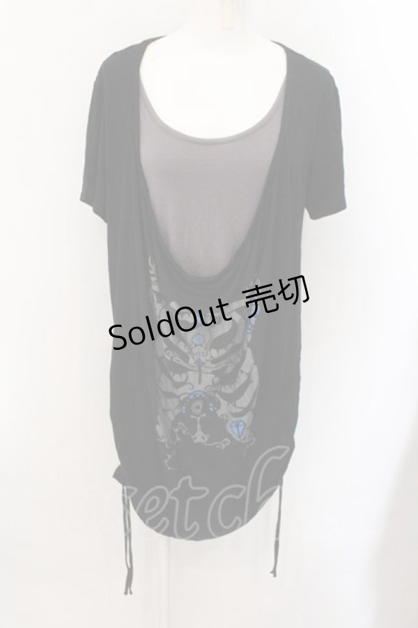 画像1: VII h.NAOTO / ボーンプリントルーズギャザーTシャツ  ブラック×グレー O-24-11-09-072-PU-TO-IG-ZT357 (1)