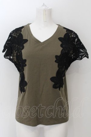 画像: axes femme / フラワーレーススリーブTシャツ M カーキグリーン×クロ O-24-11-22-040-AX-TO-IG-ZT095