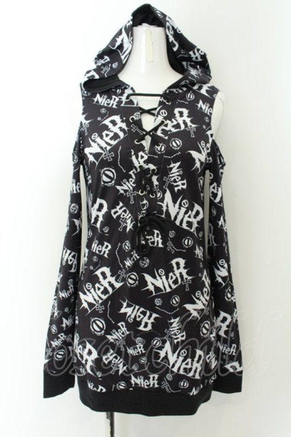 画像1: NieR Clothing / 猫耳付き 総柄STYLISH OFF- SHOULDER PARKA F ブラック×ホワイト O-24-12-18-019-PU-TO-OW-ZT248 (1)