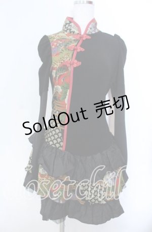 画像: Qutie Frash / ちりめん和柄パフワンピース  ブラック O-25-11-19-030-QU-OP-IG-OS