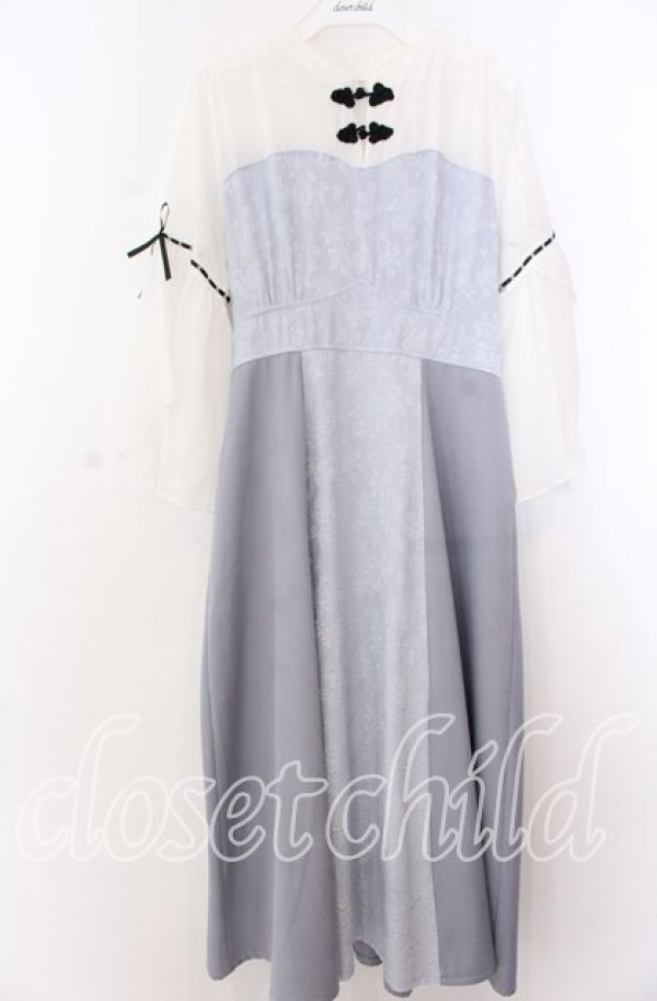 画像1: axes femme POETIQUE / チャイナボタンフレア袖ワンピース M ブルー O-25-11-19-047-AX-OP-OW-ZT518 (1)