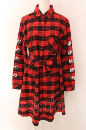 画像: KRY CLOTHING / 「CONKH」 ロング丈チェックシャツ  LETTER レッド×ブラック O-25-01-27-1032-EL-OP-IG-ZI