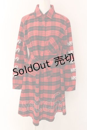 画像: KRY CLOTHING / 「CONKH」 ロング丈チェックシャツ  LETTER レッド×ブラック O-25-01-27-1032-EL-OP-IG-ZI