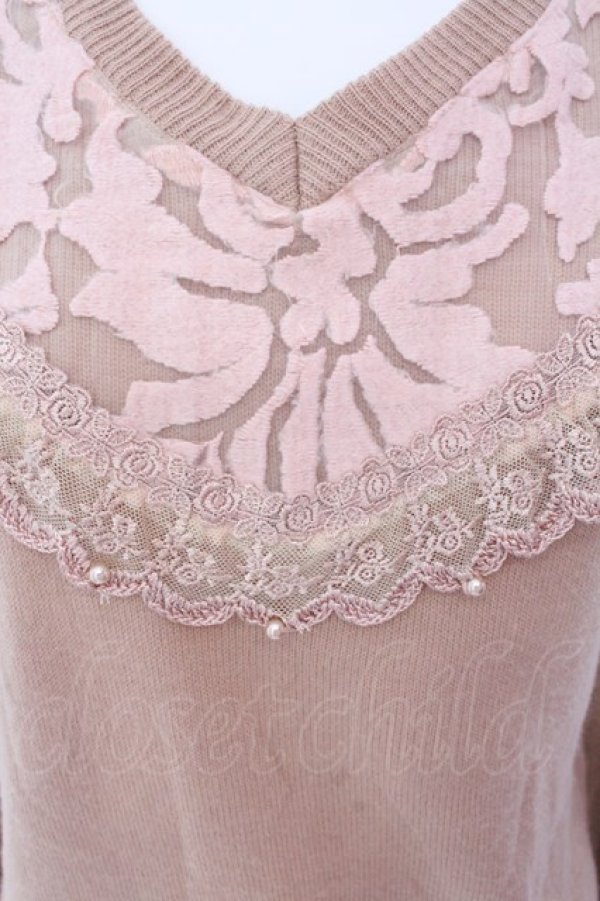 画像2: axes femme / Vネック起毛レースニットプルオーバー M ピンク O-25-01-31-1015-AX-TO-SZ-ZT222 (2)