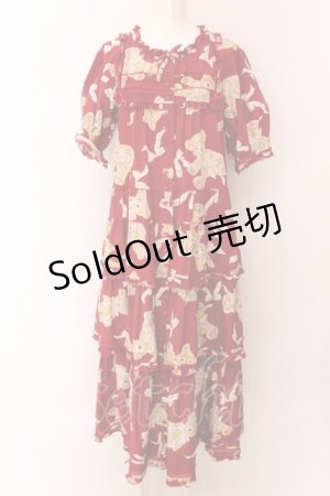 画像: PINK HOUSE / リボンテディちゃんのティアードワンピース  アカ O-25-02-04-049-LO-OP-IG-OS