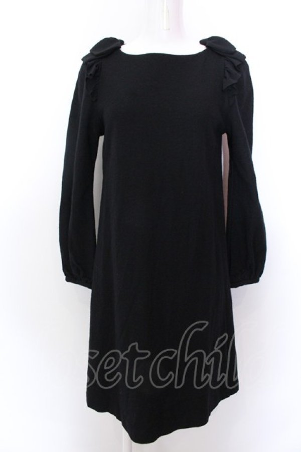 画像1: franche lippee black / ショルダーリボンウールワンピース M クロ O-25-02-19-1121-LO-OP-IG-ZT226 (1)