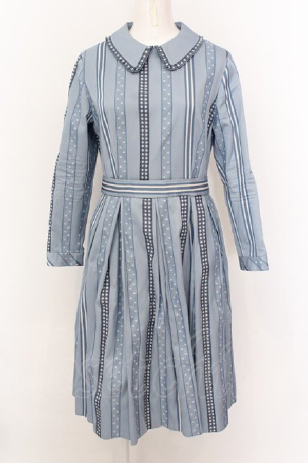 画像1: Jane Marple / Ribbon jacquard stripeのドミトリードレス M ブルーグレ O-25-02-23-048-JM-OP-IG-ZT215 (1)