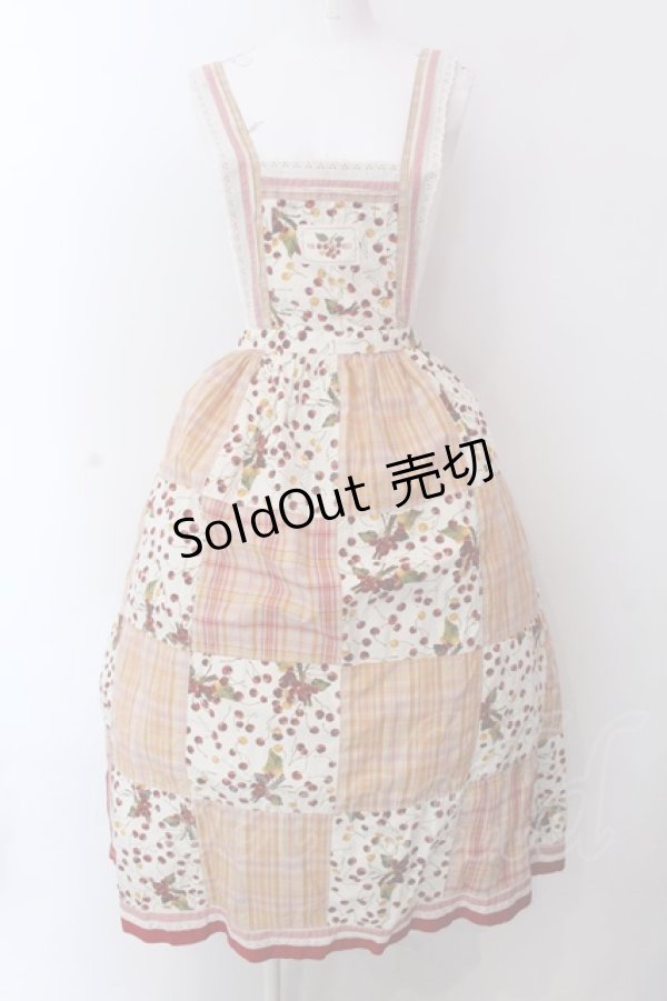 画像1: PINK HOUSE / さくらんぼ&チェックパッチワークエプロン風ジャンパースカート  アイボリー×オレンジ O-25-02-24-028-LO-OP-IG-OS (1)
