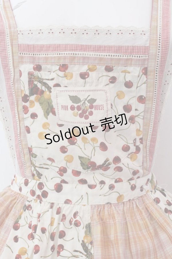 画像2: PINK HOUSE / さくらんぼ&チェックパッチワークエプロン風ジャンパースカート  アイボリー×オレンジ O-25-02-24-028-LO-OP-IG-OS (2)