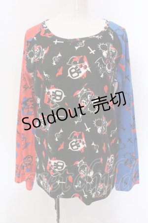 画像: SUPER LOVERS / 目玉ワッペンラグランカットソー  ブラック×レッド×ブルー O-25-02-24-096-PU-TO-IG-OS