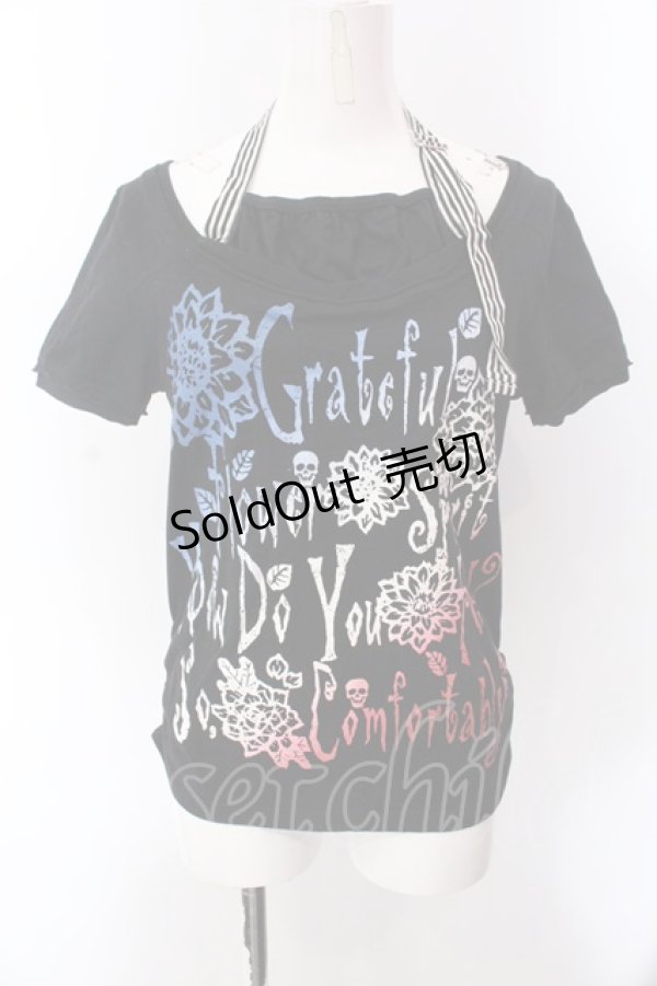 画像1: ALGONQUINS / サイドギャザーラメプリントホルターTシャツ  ブラック O-25-02-24-099-AL-TO-IG-OS (1)