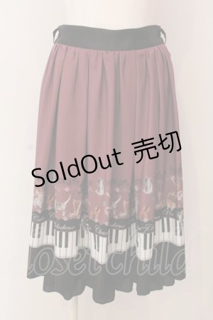 画像: axes femme POETIQUE / ベルト付猫とピアノ柄スカート（ベルト欠品） M ワイン O-25-03-08-072-AX-SK-OW-OS