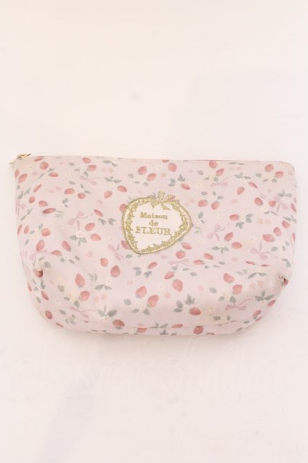 画像1: Maison de FLEUR / イチゴアップリケベーシックポーチ  ピンク O-25-03-17-089-LO-ZA-IG-OS (1)