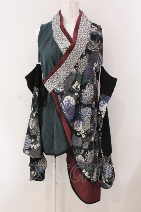 画像1: Qutie Frash / 袖セパレート着物カーデ  ブラック×グリーン×ワイン O-25-03-20-1015-QU-TO-IG-ZY (1)
