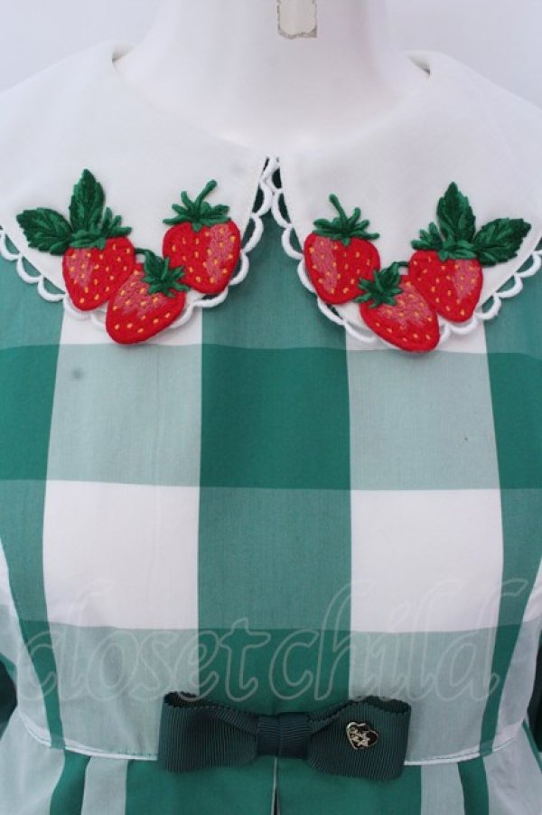 画像2: Shirley Temple / 刺繍ギンガムワンピース  グリーン×シロ O-25-03-25-023-ET-OP-IG-OS (2)