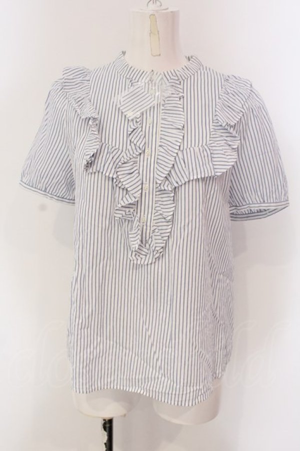 画像1: Franche Lippee / フリルストライプブラウス M シロ×アオ O-25-03-26-1019-LO-BL-OW-ZT109 (1)