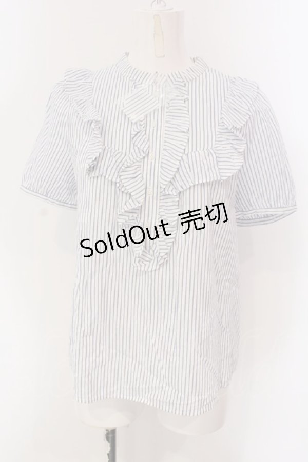 画像1: Franche Lippee / フリルストライプブラウス M シロ×アオ O-25-03-26-1019-LO-BL-OW-ZT109 (1)