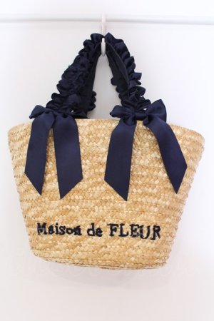 画像: Maison de FLEUR / フリルハンドルダブルリボンカゴバッグ  ナチュラル×ネイビー O-25-03-27-008-LO-BG-OW-ZT-K013