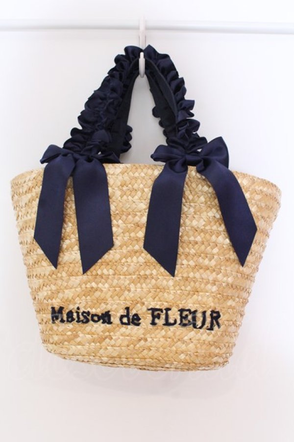 画像1: Maison de FLEUR / フリルハンドルダブルリボンカゴバッグ  ナチュラル×ネイビー O-25-03-27-008-LO-BG-OW-ZT-K013 (1)