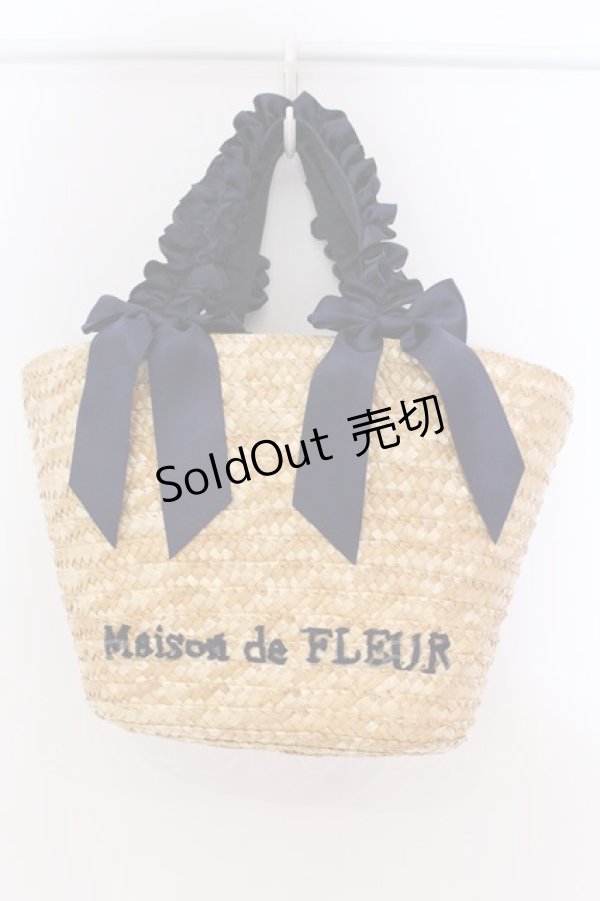 画像1: Maison de FLEUR / フリルハンドルダブルリボンカゴバッグ  ナチュラル×ネイビー O-25-03-27-008-LO-BG-OW-ZT-K013 (1)