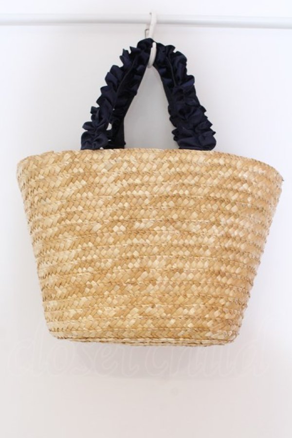 画像2: Maison de FLEUR / フリルハンドルダブルリボンカゴバッグ  ナチュラル×ネイビー O-25-03-27-008-LO-BG-OW-ZT-K013 (2)