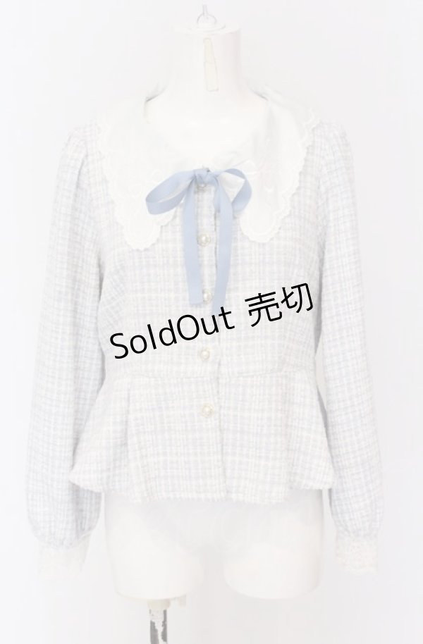 画像1: axes femme POETIQUE / 刺繍襟モールツイードジャケット M サックス O-25-04-14-017-AX-JA-OW-OS (1)