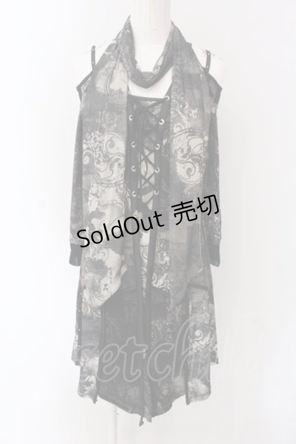 画像1: Ozz Croce / ストール付きレースアップオフショルワンピース  グレー×ブラック O-25-04-15-045-OO-OP-IG-OS (1)