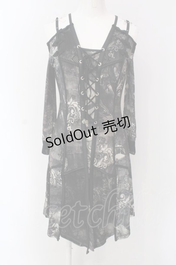 画像2: Ozz Croce / ストール付きレースアップオフショルワンピース  グレー×ブラック O-25-04-15-045-OO-OP-IG-OS (2)