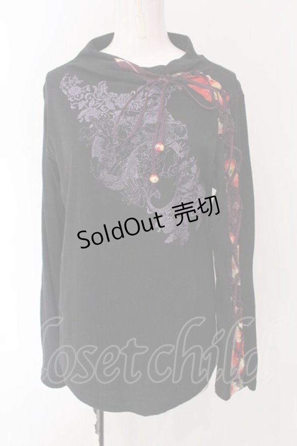 画像1: gouk / レースアップスリーブプリントカットソー  ブラック O-25-04-15-053-GO-TO-IG-OS (1)