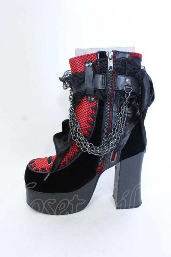 画像3: Demonia / ベロア切り替え厚底ブーツ つま先〜かかと（横向きにして測定）約28ｃｍ ブラック×レッド O-25-04-15-1014-PU-SH-OW-ZT-K006 (3)