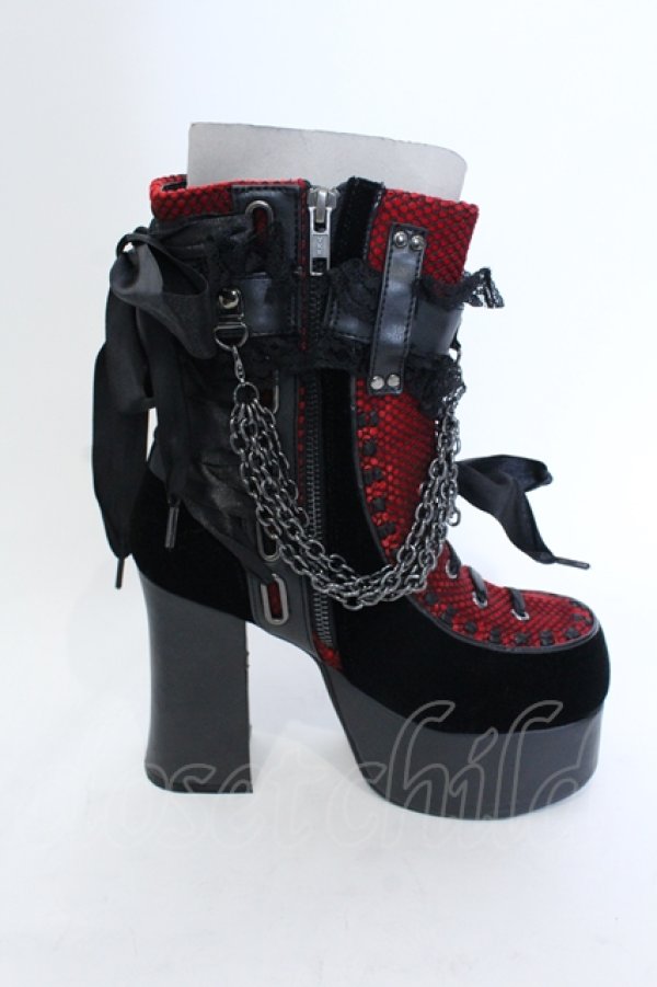 画像5: Demonia / ベロア切り替え厚底ブーツ つま先〜かかと（横向きにして測定）約28ｃｍ ブラック×レッド O-25-04-15-1014-PU-SH-OW-ZT-K006 (5)