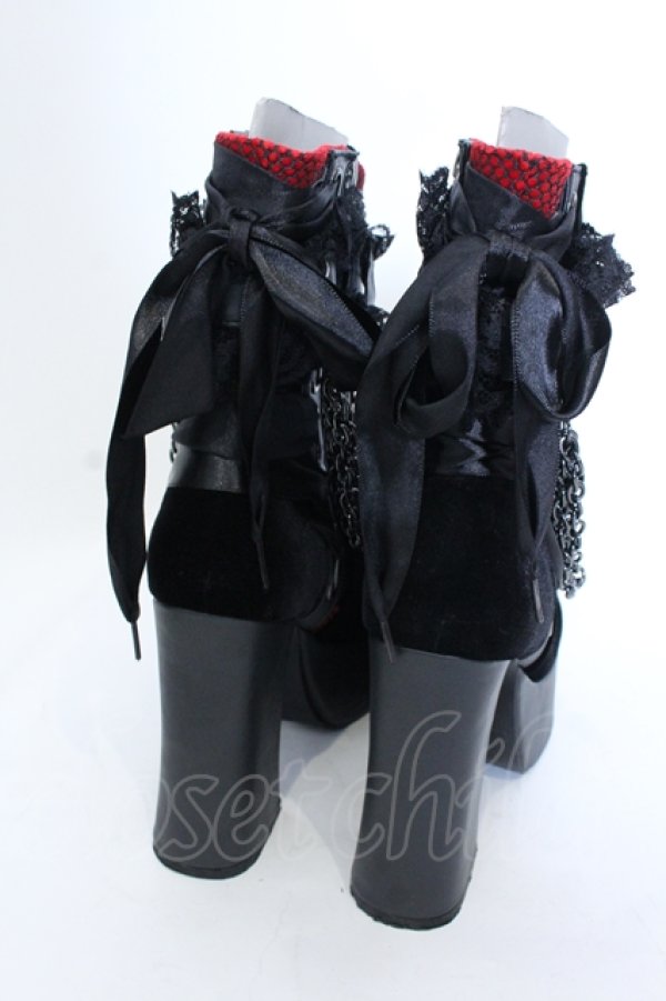 画像6: Demonia / ベロア切り替え厚底ブーツ つま先〜かかと（横向きにして測定）約28ｃｍ ブラック×レッド O-25-04-15-1014-PU-SH-OW-ZT-K006 (6)