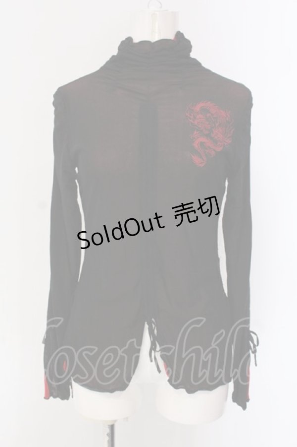 画像1: Ozz On / 龍刺繍ネットギャザーカットソー  ブラック×レッド O-25-04-15-006-OO-TO-IG-OS (1)