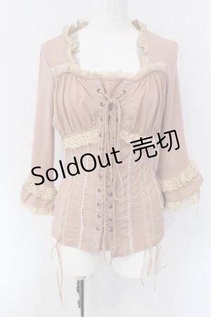 画像: Ozz oneste / レースアップ胸元ギャザーカットソー  ピンク×アイボリー O-25-04-15-064-OO-TO-IG-OS