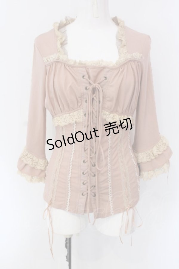 画像1: Ozz oneste / レースアップ胸元ギャザーカットソー  ピンク×アイボリー O-25-04-15-064-OO-TO-IG-OS (1)
