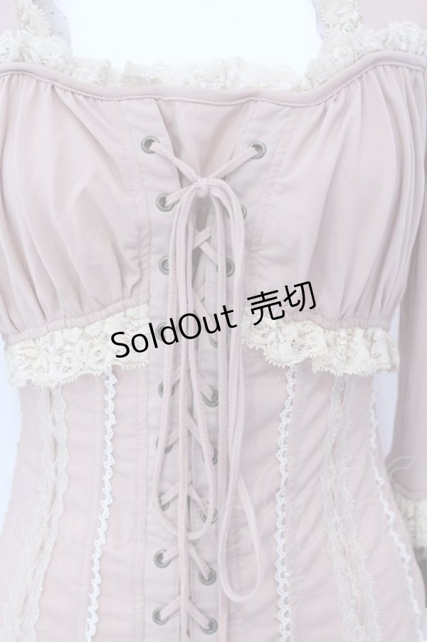 画像2: Ozz oneste / レースアップ胸元ギャザーカットソー  ピンク×アイボリー O-25-04-15-064-OO-TO-IG-OS (2)