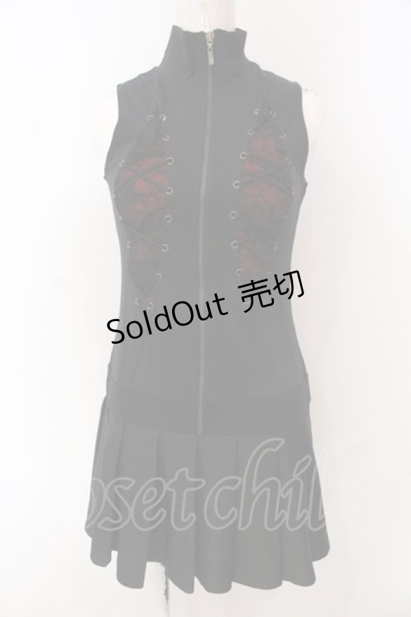 画像1: Qutie Frash / 蜘蛛の巣レースアップノースリーブワンピース  ブラック×レッド O-25-04-21-032-QU-OP-IG-OS (1)