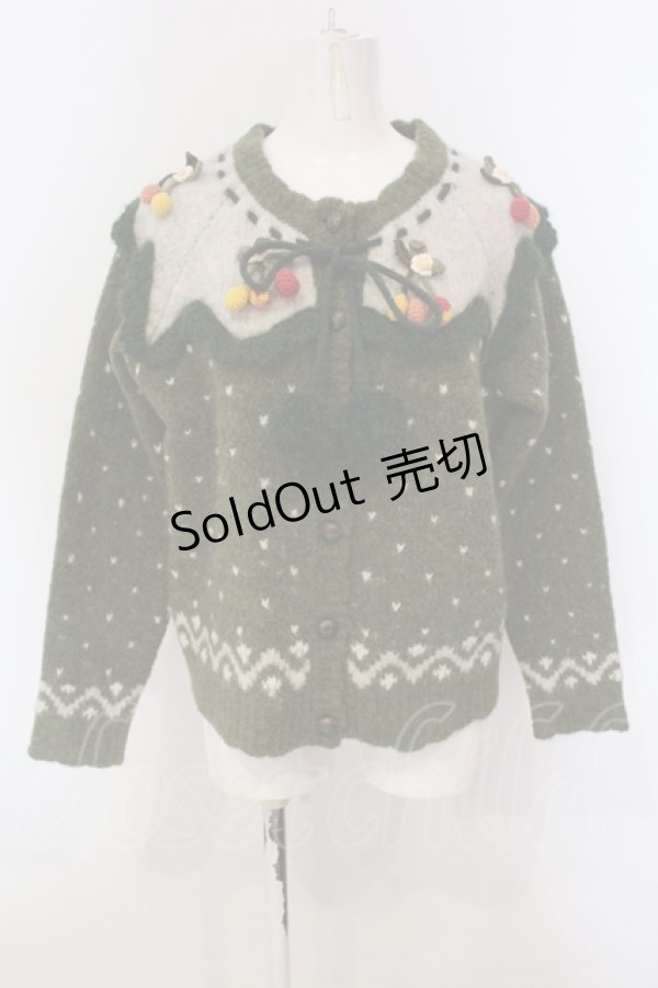 画像1: PINK HOUSE / チェリーモチーフ使いヨークニットカーディガン  グリーン O-25-04-21-047-LO-TO-IG-ZT337 (1)