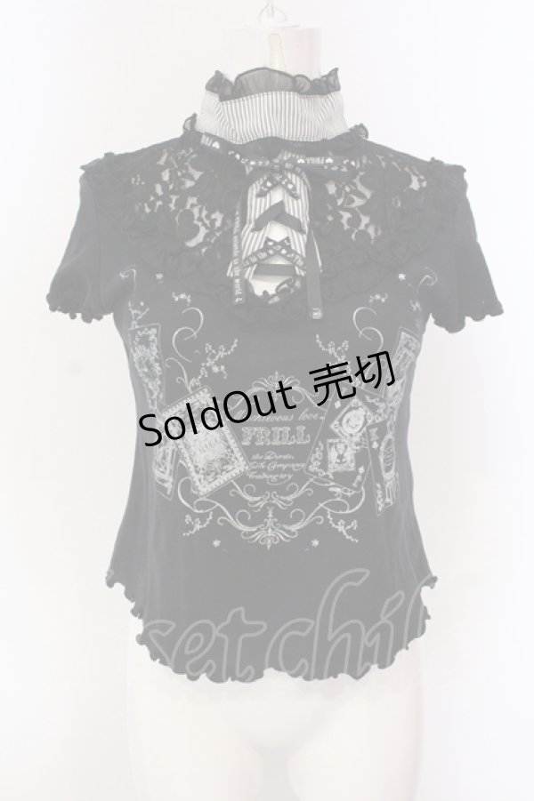 画像1: FRILL / トランププリントオリジナルリボンレースアップTシャツ  ブラック O-25-04-21-054-HN-TO-IG-OS (1)