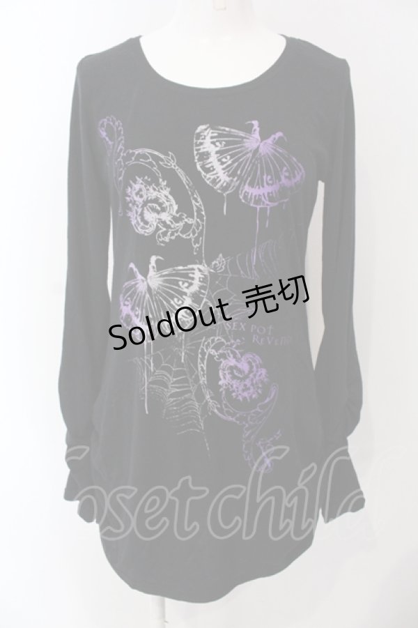 画像1: SEX POT ReVeNGe / バタフライプリントギャザーTシャツ M ブラック×パープル O-25-04-29-098-SP-TO-IG-OS (1)