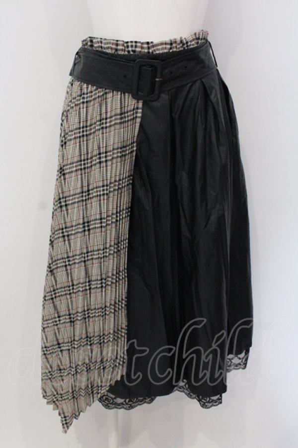 画像1: axes femme POETIQUE / チェッププリーツフェイクレザースカート  クロ×アイボリー O-25-05-10-045-AX-SK-IG-OS (1)