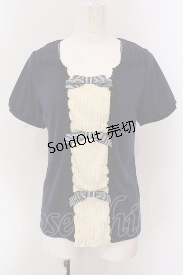 画像1: axes femme / レースタックリボンパフトップス M ネイビー×アイボリー O-25-05-12-050-AX-TO-IG-OS (1)